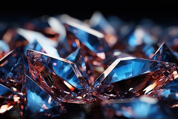  a group of pink and blue diamonds sitting on top of a black surface with a reflection of the diamond in the center of the image on the picture is a black background. - obrazy, fototapety, plakaty