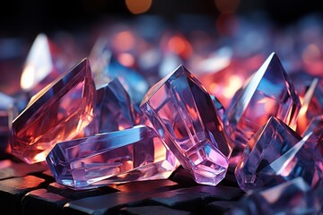 a group of pink crystals sitting on top of a wooden table next to a black keyboard and a light colored boke of blurry lights in the background of the background. - obrazy, fototapety, plakaty