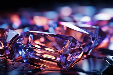  a group of purple diamonds sitting next to each other on top of a black surface with a purple light shining on the top of the diamond in the middle of the picture.