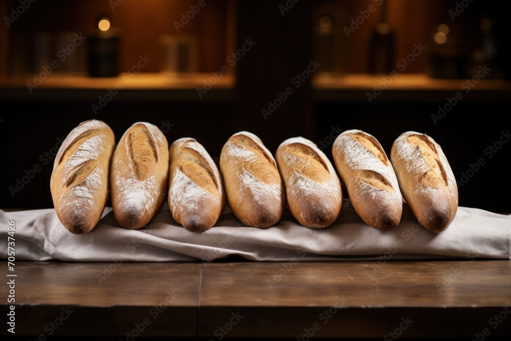 Poster a row of loaves of bread sitting on top of a piece of paper on top of a wooden table in front of a r