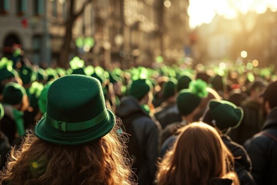 St. Patrick's Day, parade and happy people in green clothes, Ireland