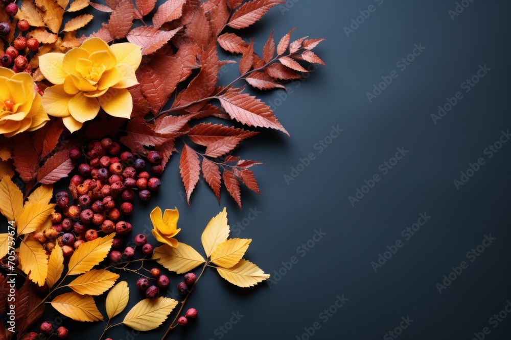 Poster a bouquet of yellow flowers and leaves on a dark background with a place for the text on the left si