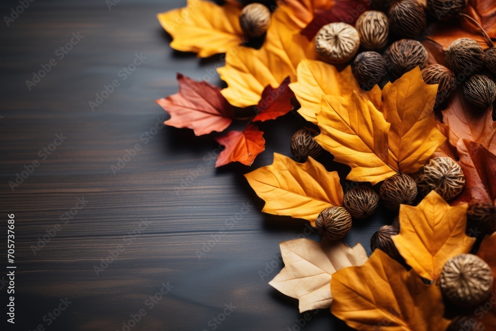 Aufkleber a pile of autumn leaves and acorns on a wooden surface with space for a text on the left side of the