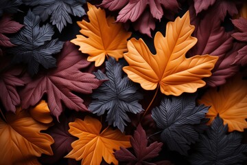  a close up of a bunch of leaves with orange and black leaves in the middle of the leaves on the left side of the picture, and the top of the leaves on the right side of the other side of the picture.
