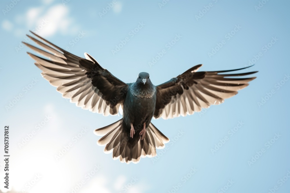 Poster a bird that is flying in the air with its wings spread and it's wings are spread wide open and there