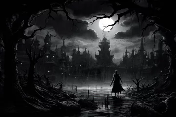 Fotobehang  a black and white photo of a person in a dark forest at night with a full moon in the sky above a dark, spook - looking castle - like building. © Nadia