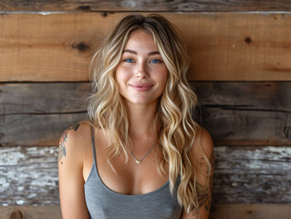 Fototapeta premium Happy Nordic lady model with long blonde hair and tattoo, serene joyful expression, minimal earth tone scene