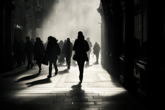  A Black And White Photo Of A Woman Walking Down A Street With A Lot Of People On Either Side Of Her And A Lot Of Dust Coming From Behind Her.