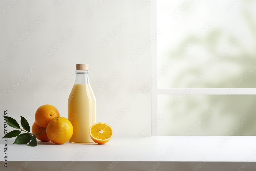 Poster a bottle of orange juice next to a bunch of oranges and a few oranges on a white counter with a gree