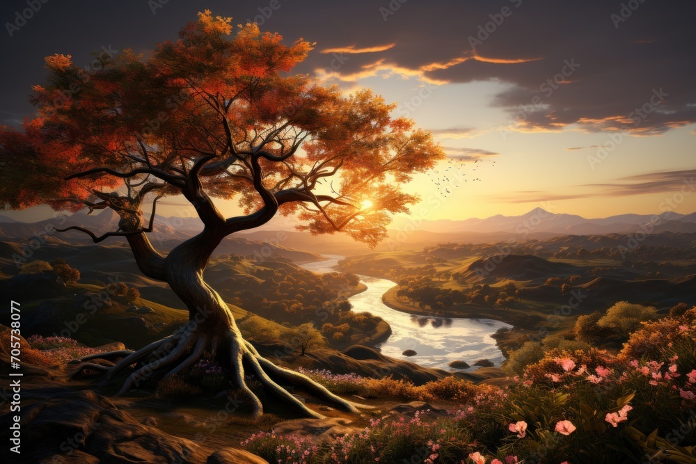 Poster a painting of a tree in the middle of a field with a river in the distance and a sunset in the backg