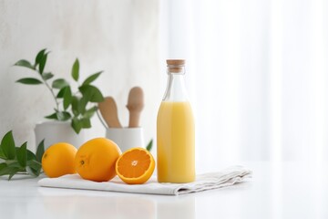  a white table topped with oranges and a bottle of orange juice next to a couple of oranges on top of a piece of cloth next to a vase. - obrazy, fototapety, plakaty