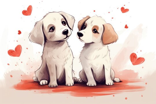 Two Adorable Cartoon Puppies With Red Bows Sharing a Tender Moment