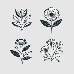 Set of small wildflowers and plants line art vector botanical illustration. Trendy green hand drawn black ink sketch collection. Modern designs for, wall art, branding and packaging.