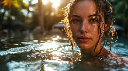 beautiful woman wear swimming at luxury pool villa