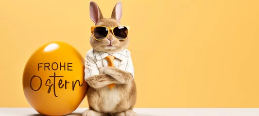 Foto op Plexiglas Frohe Ostern Konzept Feiertag Grußkarte - Cooler Osterhase mit Sonnenbrille lehnt sich an ein großes bemaltes gelbes Osterei mit deutschem Text auf Tisch © Corri Seizinger