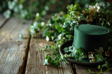 St. Patrick's Day: green hat and several three-leaf and four-leaf shamrocks on a wooden table.