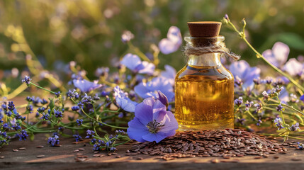 Linseed oil in a glass bottle on a table with branches of flowering flax and seeds on the background of nature - obrazy, fototapety, plakaty
