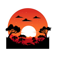 natural landscape illustration design template, with sunset, trees and mountains design