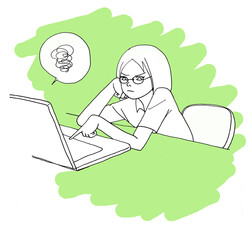 パソコンがうまく動かなくて困っている女性、無色