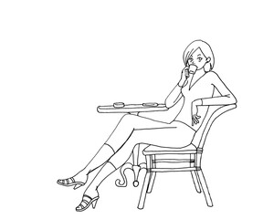 カフェでコーヒーを飲みながら休憩する女性、背景なし、無色