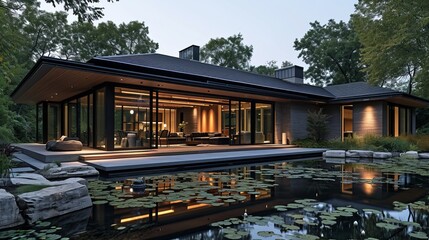 Obraz premium Modern house with pitched roof with large overhangs, in forest with pond and lily pond, cozy wood, in the style of dark bronze and dark black, asian-inspired, dark gray, soft light, orient-inspired