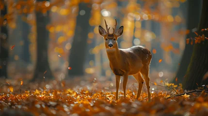 Fototapeten roe buck standing in the woods with autumn leaves            © UKIYO-4s