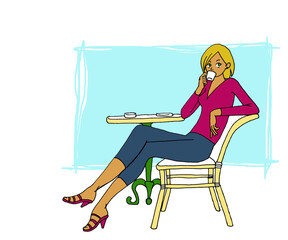 カフェでコーヒーを飲みながら休憩する女性