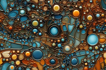  a close up of an abstract painting with blue, orange, yellow and brown circles and circles on the surface of a surface that looks like a liquid ornament.
