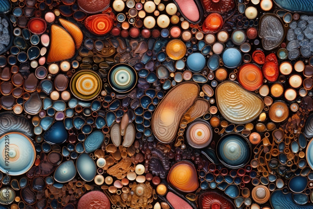 Poster a close up of a painting of many different shapes and sizes of rocks and pebbles on a surface that l