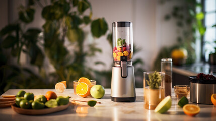 A blender sitting on top of a counter filled with fruit - obrazy, fototapety, plakaty