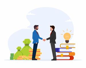 Businesspeople handshake exchanging ideas with money idea paid with money investing in startup ideas vector illustration.