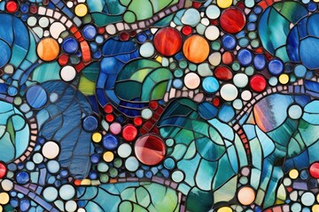 Fototapeta na wymiar a close up of a stained glass window with lots of colorful circles and dots on the glass and on the outside of the window is a blue, red, green, orange, yellow, red, blue, and white, and green, and.