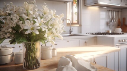 A vase of white flowers on a kitchen counter
