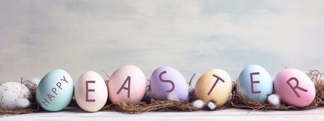 Happy Easter holiday celebration banner greeting card with pastel painted easter eggs on bright wooden tabel texture