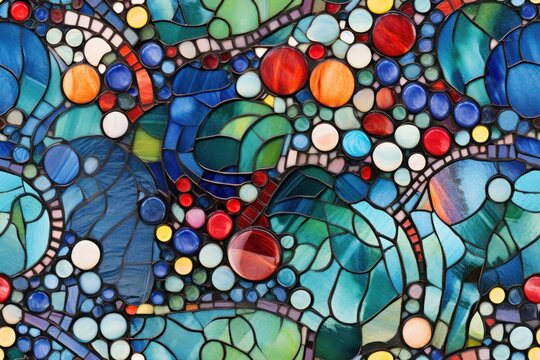 a close up of a stained glass window with lots of colorful circles and dots on the glass and on the outside of the window is a blue, red, green, orange, yellow, red, blue, and white, and green, and.
