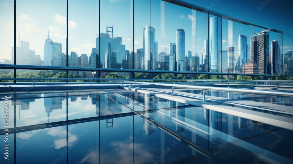 Poster a reflection of a city in the glass of a building with a pool in the foreground and a reflection of 