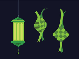 Flat islamic lantern and ketupat lebaran vector group illustration with green colors isolated on horizontal dark background template. Simple flat color art styled ramadhan decoration themed drawing.