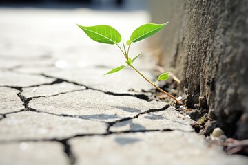  a small green plant sprouting out of a crack in a concrete wall next to a concrete wall and a street with a car on the other side of the road.