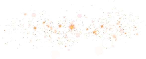 Golden dust. Beautiful light flashes. Dust particles fly in space. Bokeh effect. Light rays. PNG.
