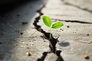  a small green plant sprouting out of a crack in a concrete sidewalk with a car in the background and a sidewalk crack in the middle of the road.