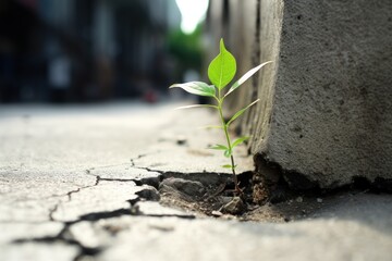  a small green plant sprouting out of the crack in the concrete wall of a building on the side of a street with people walking on the sidewalk in the background.