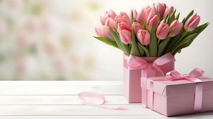 Pink flowers, ribbon, and a present box on a white table. Perfect for conveying sentiments of love, celebration, or gift-giving