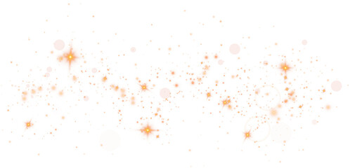 Golden dust. Beautiful light flashes. Dust particles fly in space. Bokeh effect. Light rays. PNG.
