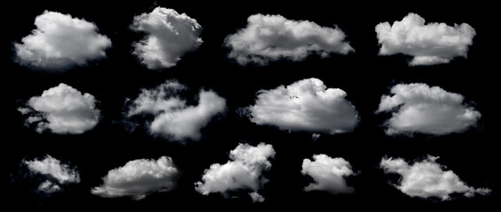 Clouds set isolated on black background. White cloudiness, mist or smog background. Design elements on the topic of the weather. White cloud collection. - obrazy, fototapety, plakaty