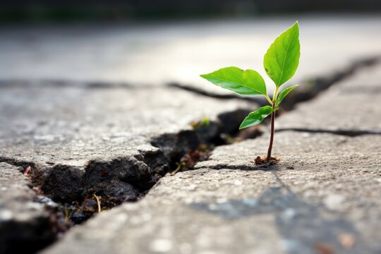  a small green plant sprouting out of a crack in a concrete road that has a crack in the road and grass growing out of the crack in the crack.