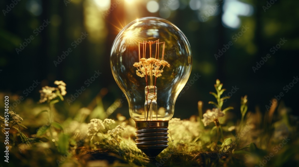 Poster a light bulb with a tree inside of it sitting in the middle of a field of grass with flowers in the 