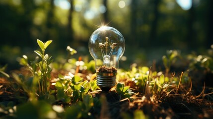  a light bulb sitting on top of a patch of grass next to a field of grass and small flowers in the middle of the light bulb is surrounded by grass.