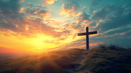 Three Crosses On A Hill At Sunset - Crucifixion Of Jesus Christ - obrazy, fototapety, plakaty