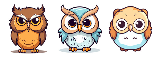 Little cartoon owl, cartoon style illustration with big eyes, on white or transparent background