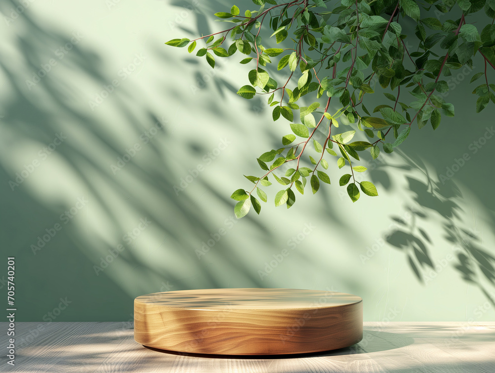 Poster 3d illustration of empty wooden cylinder podium backdrop in green color theme with tree and green wa